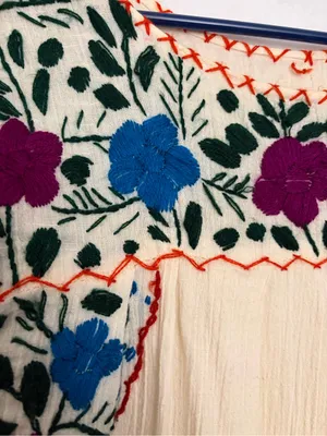 Mexican Hand Embroidered Dress Ivory Floral San Antonino Artisanal Boho(A852) thumbnail 4