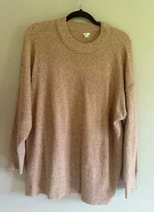 Aerie Oversized Waffle Knit Sweater Tan Marl‎ Crew Neck Pullover XS TP thumbnail 1