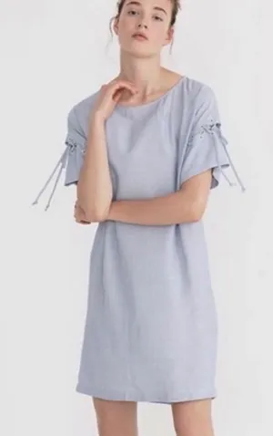 Madewell Blue Pinstripe Lace Up Sleeve Shift Dress Medium thumbnail 1