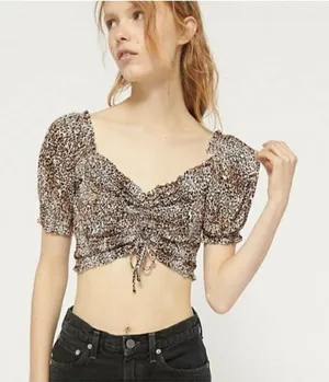 Urban Outfitters Cheetah Print Shay Cinched Puff‎ Sleeve Cropped Top Sz M thumbnail 1