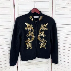 Vintage Karen Scott Sequin Fuzzy Angora Wool Cardigan Sweater Black‎ Gold Medium thumbnail 7