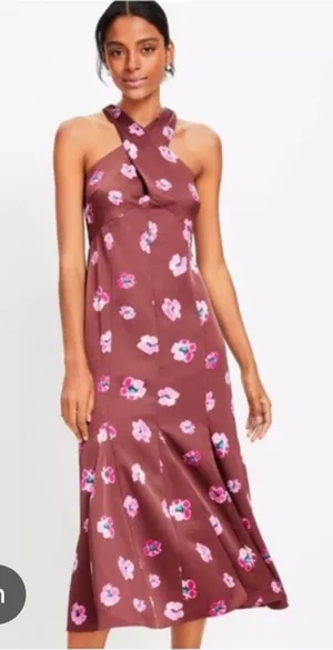 LOFT NWT Ikat Buttercup Satin Godet Halter Midi Dress Size 6 thumbnail 1