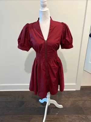 New With Tags Entro Avara Puff Sleeve Zip Front Burgundy Dress Sz S thumbnail 4
