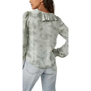 Free People Womens‎ Sascha Ruffled Frill Long Sleeve Blouse Muted Green Medium thumbnail 4