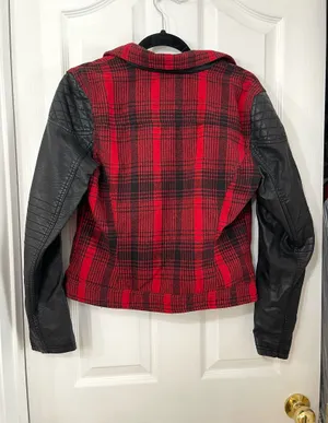 Red & Black Plaid Moto Jacket With Faux Leather Sleeves thumbnail 6
