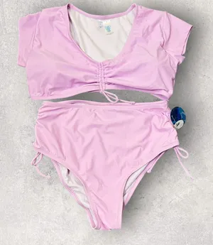 New Decree French Orchid Ruched High Rise‎ Bikini Set Pink Bottom 0X Top 1X thumbnail 1