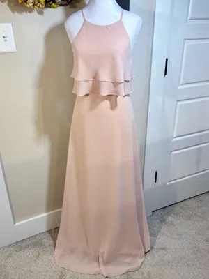 💥Jenny Yoo Charlie Blush Chiffon Ruffle Halter Bridesmaid Maxi Gown Sz 2 🧡 thumbnail 3