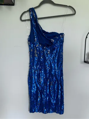 NWT Crystal Doll Blue Sequin One Shoulder Sleeveless‎ Wave Mini Dress Size Small thumbnail 2