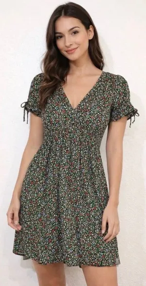 Olivaceous Ditsy Floral V-Neck Mini Dress Smocked Waist Cottagecore L thumbnail 1