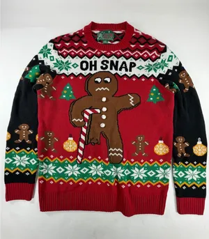 Ugly Christmas Sweater Oh Snap Gingerbread Man Fair Isle Red Knit Medium NRXF3S thumbnail 1