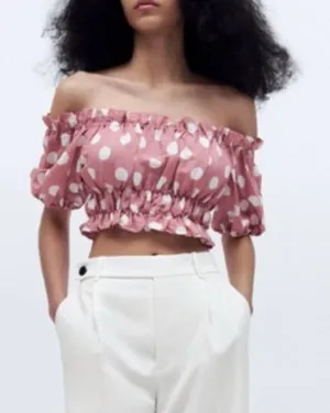 Zara Smocked Polka Dot Linen Crop Top Off-Shoulder Size Small thumbnail 1