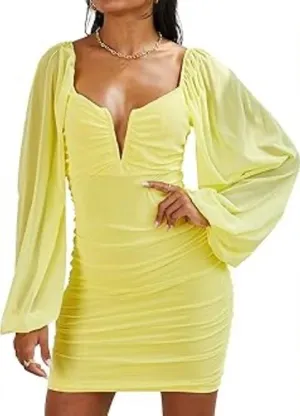 Pretty garden butter yellow mini‎ dress long sheer sleeves ruched body Size S thumbnail 1
