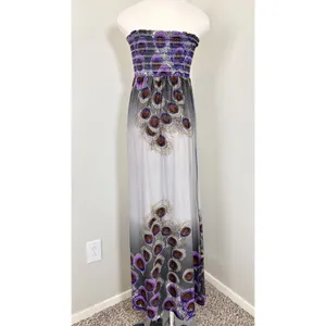 FOREVER 21 Y2K Strapless Maxi Dress S/P‎ Peacock Feather Print Smocked Bodice thumbnail 2