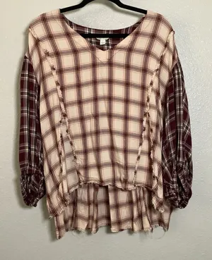Cream Red Plaid Tartan‎ Country Cowgirl Western Distressed Casual Peasant Blouse thumbnail 1
