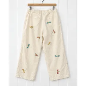 Paraphrase Linen Pants Womens 12 Ivory Embroidered Dragonfly Wide Leg Crop thumbnail 2