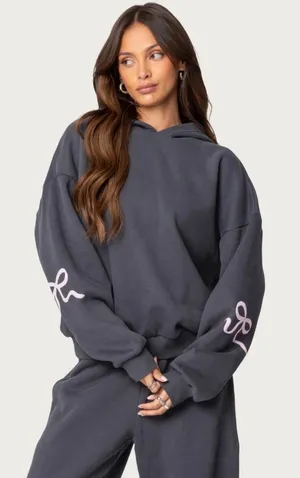 Edikted Women Charcoal Gray Oversized Hoodie Pink Bow Sleeve Graphic Medium NWOT thumbnail 1