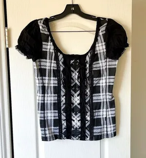 Tripp NYC Plaid Lace-Up Corset Top Cotton‎ Black White Gothic Punk XL EUC thumbnail 1