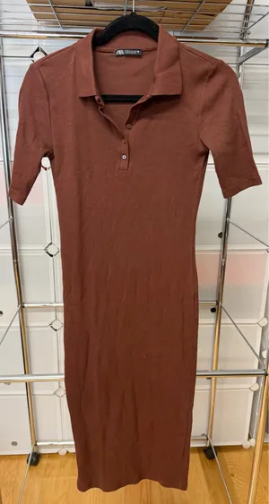 ZARA Brown Ribbed Midi Dress thumbnail 1