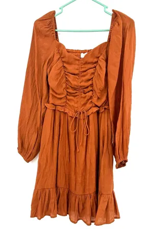 Peach Love Sz Small Dress Brown Ruched Elastic Back Long‎ Sleeve Cottagecore NWT thumbnail 1