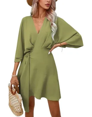 SheIn NEW Vacay Olive Green Ruffle Hem Wrap Mini Dress Large thumbnail 1