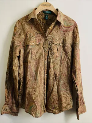 Lauren Ralph Lauren Paisley Button Down Shirt Size M Cotton Boho Blouse Brown thumbnail 1