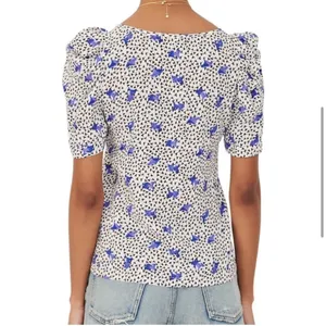 MAJE Lensam Floral Leaf Blue/White V-neck Short Puff Shoulder Blouse Size Small thumbnail 6