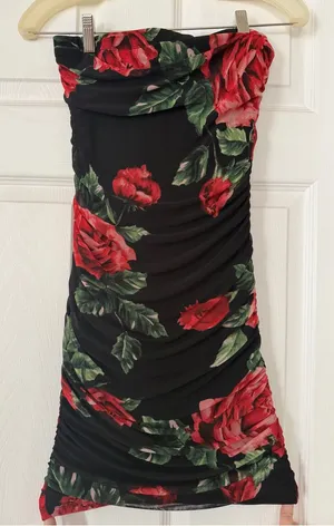 iris Black Strapless Ruched Dress with Red Rose Print thumbnail 1