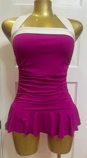 Lauren Ralph Lauren Bel Aire Skirted One-Piece Swimsuit Magenta White Size 6 thumbnail 1