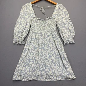 Reformation Light Blue Floral Smocked Square Neck Mini Dress XS thumbnail 7