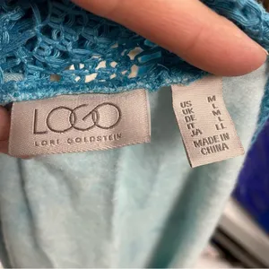 LOGO By Lori Goldstein Blue Tie Dye Crochet Kimono Open Front Cardigan M Sweater thumbnail 3