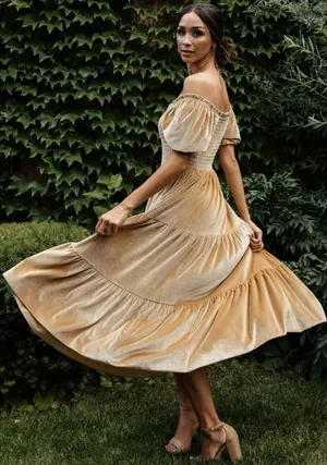 Baltic Born Vivaldi Smocked French Gold Velvet Puff Sleeve‎ Midi Dress thumbnail 1