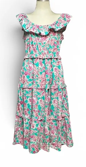 J.Crew Printed Ruffle Midi Dress Blue Pink Floral 10 thumbnail 1