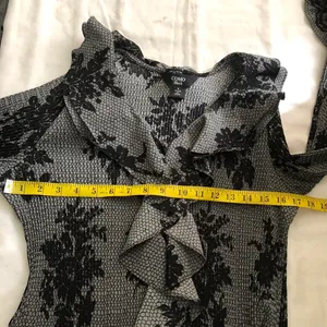 Como Black Whimsygoth Grey black floral ruffle button up down shirt blouse top floral long flare sleeve office siren core, dark academia scoop neck Size S-measurement in pics-stretchy Excellent condition thumbnail 4