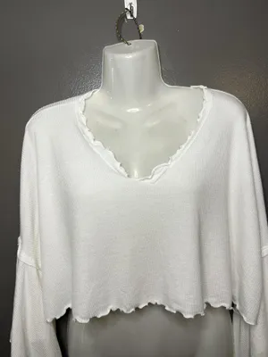 Altar'd State Blouse Womens XS White Ruffle Lettuce Hem Bell Sleeve Crop Top thumbnail 1