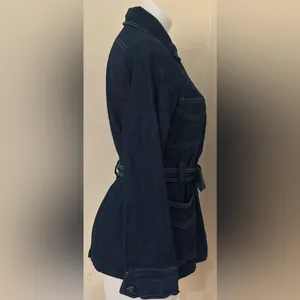 No Tag Denim Tie Blue Jean Jacket With Yellow Thread Collar Button Down Sz 9/10. thumbnail 7