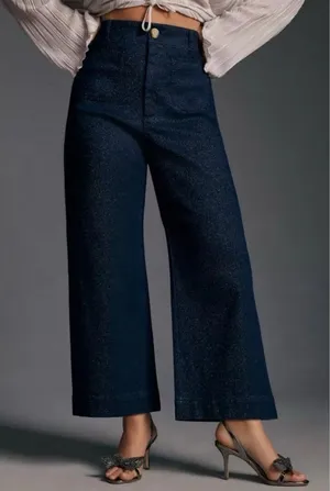 Anthropologie Maeve Women's The Colette Sparkle Blue Crop Wide Leg Jeans Size 25 thumbnail 1