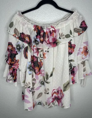 White House Black Market Blouse Womens Medium White Floral Ruffle Off Shoulder thumbnail 1
