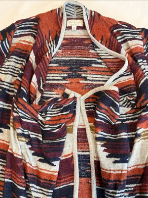 LUCKY BRAND Open-Front Striped Cardigan in Rust Burgundy Navy & Cream Size Large thumbnail 6