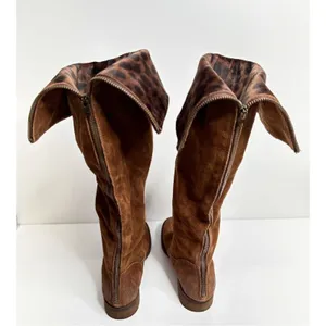 Born Malena‎ Tan Suede Leopard Print Cuff Tall Boots Back Zip 5.5M thumbnail 5