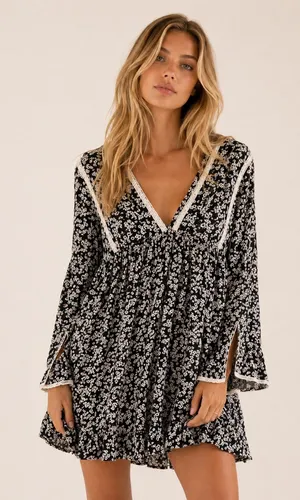 Free People Floral Mini Dress Black White Boho Cottagecore Bell Sleeve Festival‎ thumbnail 1
