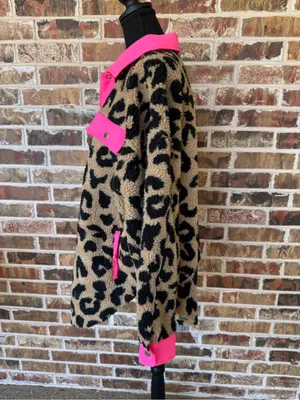 BiBi Leopard Sherpa Jacket Shacket with Neon PINK Trim NEW women’s size LARGE thumbnail 5