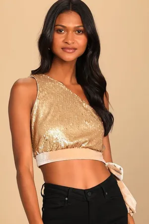 Lulus NWOT Spectacular Matte Gold Sequin One-Shoulder Side-Tie Crop Top Size M thumbnail 1