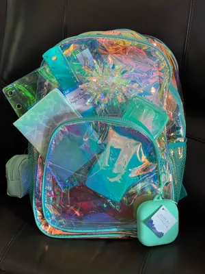 Holographic Teal Clear Backpack with Starry Wristlet Blue thumbnail 3