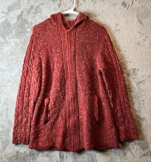 Royal Robbins Chunky Knit Red Marled Wool Blend Cable Knit Zip Up Jacket Size LG thumbnail 1