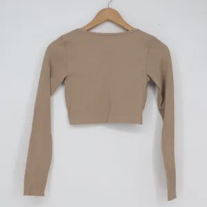 Garage Women Tan Ribbed V-Neck Long Sleeve Crop Top Beige XS thumbnail 3