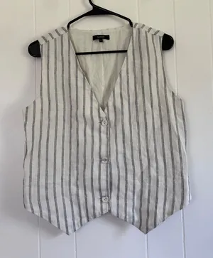 Quince Women Striped 100% Linen Vest V-Neck Button Front Sleeveless Top Small thumbnail 1