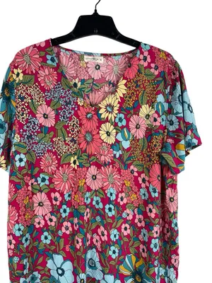 Natural Life Floral Mini Dress Womens M Pink Blue Boho Rayon Short Sleeve Hippie thumbnail 3