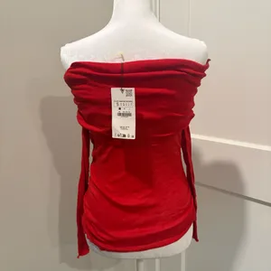 Zara Red Off Shoulder Ruched Mesh Long Sleeve Top Sheer Fitted NWT Small thumbnail 2