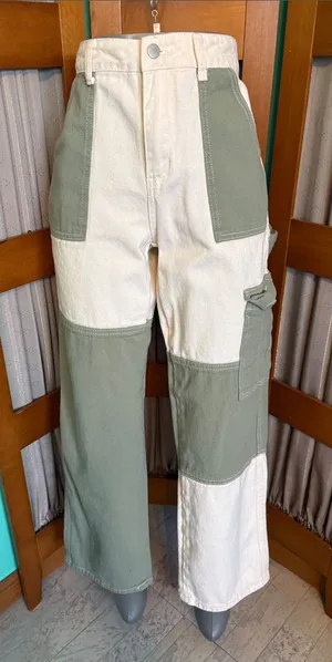 SHEIN Two-Tone Wide Leg Patchwork Pants in Olive Green and Cream thumbnail 1