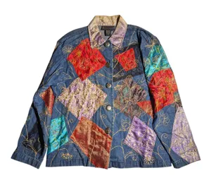 Vtg Y2K New Direction Blue Denim Brocade Satin Patchwork Button Up Jacket Sz M thumbnail 1